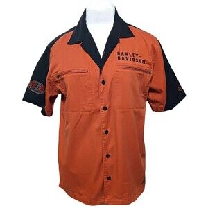 Vintage Harley Davidson Men's Button Up Shirt Size M Orange Black Zipper Pockets